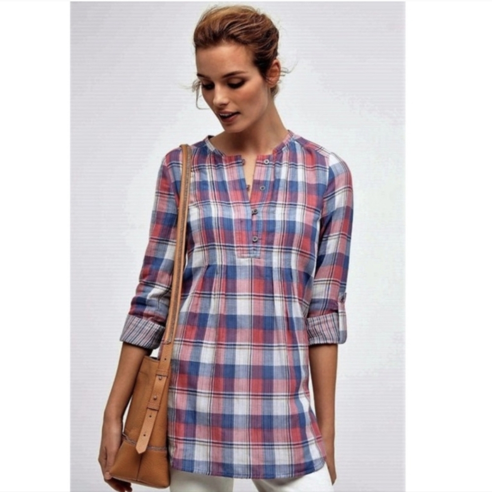 Anthropologie Holding Horses Plaid Henley Hi/Low Hem Tunic Top NWT